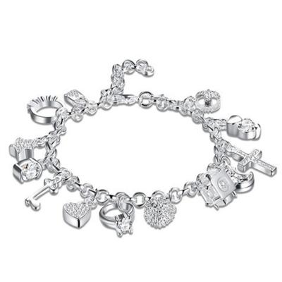 China Fashion TRENDY Silver Plated 13 Cross Key Lock Heart Star Flower Moon Flower Charm Bracelet Bangle Women for sale