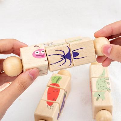 China DIY PLAY Early Educational 2021 New Puzzle Wooden Toys Rotating Puzzle Animal Four Sided Cube Building Blocks for sale