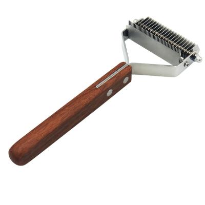 China Double sided deshedding pet dog comb hair remover stainless steel comb wooden handle viable pet comb for sale