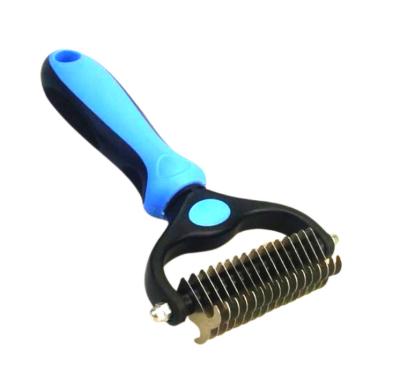 China Viable Double Sided Dog Deshedding Brush Undercoat Rake For Dogs And Cats Shedding And Dematting Tool For Grooming for sale