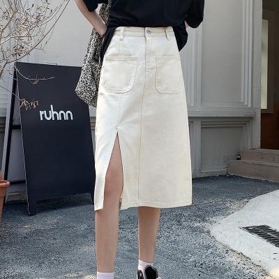 China Plus size on sale stylish style ladies split jeans tuck to button high waist denim pockets dresses summer denim knee-length skirts for women for sale