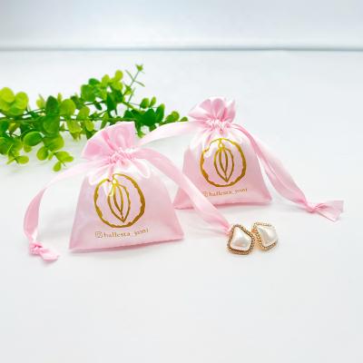 China Custom Logo Pouch Made Satin Jewelry Gift Bag Drawstring Dust Printed Pink Satin OEM Jewelry Ring Drawstring Pouches for sale