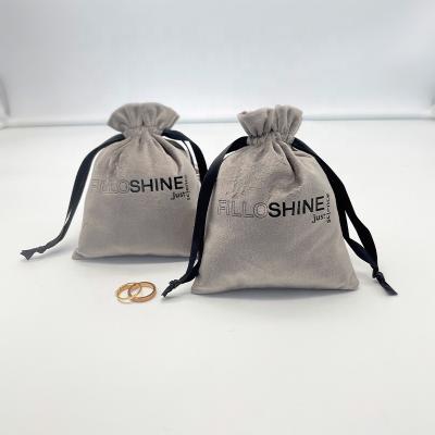 China Gray Velvet Perfume Bottle Jewelery Drawstring Bag 12cmx16cm Promotional Custom Logo Printed Velvet Pouch for sale