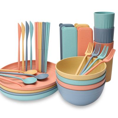 China 2021Wholesale Wheat Degradable Dishes Cup Kids Dinner Set Tableware Reusable Set Wheat Straw Cutlery Dinnerware Set for sale