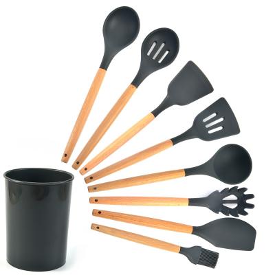 China 9 Pieces Sustainable Eco Friendly Tools Wooden Handle Utensils Set Spatula Silicone Kitchen Utensil Set for sale