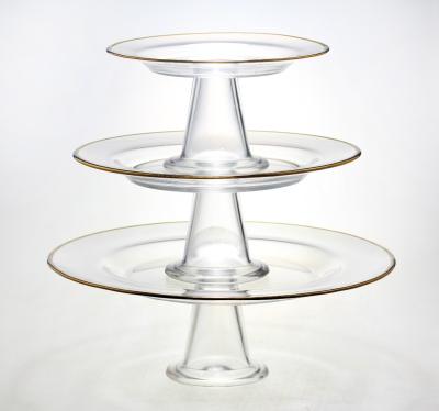 China SXGC Viable Handmade Glass Cake Stand With Gold Rim With Triangular Column Bottom Stand for sale