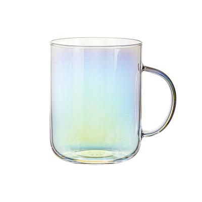 China Viable personalized multifunctional iridescent drinking glass with handle borosilicate glass cup design iridescent glass gift for sale