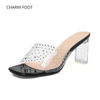 China Fashion trend European and American style use PVC rhinestone transparent high heels women's high heels thick heels spring and summer slippers for sale