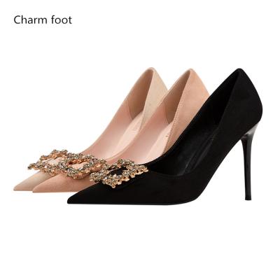 China Breathable Korean fashion soft thin high heel version shallow mouth mouth headed suede square women's single rhinestone buckle shoes for sale