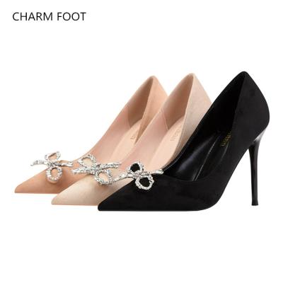 China Breathable Korean Thin Shallow Tip High Heel Fashion Rhinestone Bow Suede Soft Women Shoes Mouth Heel Ladies for sale