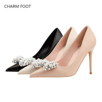 China European and American fashion style banquet thin shallow mouth high heel pearl bow lady breathable pointed high heels shoes for sale