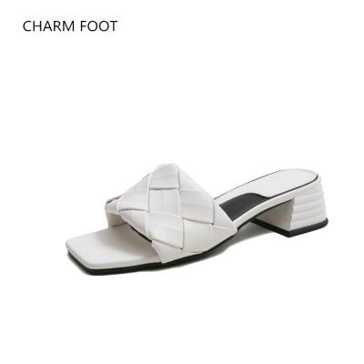 China Fashion Trend European and American style fashion high-heeled woven belt thick heel square head one-sided external wearing sandals for sale