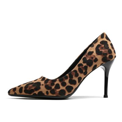 China New Fashion Good Tops Anti-slippery Sexy leopard heel suede ladies thin high heel shoes made in china for sale