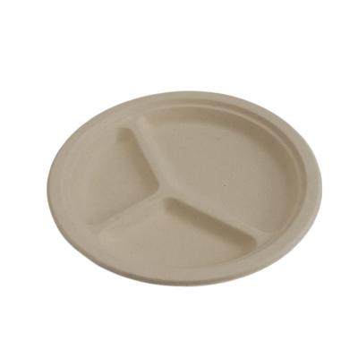 China Disposable Sugarcane Bagasse Paper Plate 10 Inch 3 Compartment Solid Paper Plate 100% Natural Biodegradable Bagasse Eco-Friendly Sugarcane Plate for sale