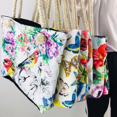 China Custom digital printed fashion floral designs canvas shoulder tote zippered shopping bag for sale