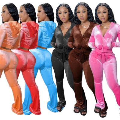 China Breathable 2 Piece Rocket Pants Sets Velor Velor Tracksuit Sweatsuit Women Pant Sets Custom Logo Zipper Hoodies Jogger Pants Two Piece Set for sale