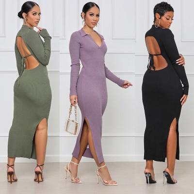 China Breathable Casual Elegant Sweater Dress Ladies Backless Autumn Evening High Split Long Sleeve Maxi Bodycon Dresses Women Clothing for sale