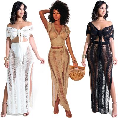 China Breathable Bikini Bathing Skirt Set 2022 Sexy Women Nightclub Hollow See Through Cover Up Swimwear Skirt Beach Knitted Two Piece Set for sale