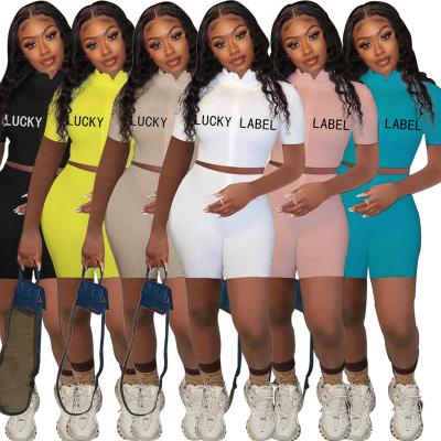 China 2021 Breathable Hot Sale Summer 2 Piece Set Bodycon Top And Panty Lucky Label Two Pieces Short Sets Women Sweat Suits Pants Two Piece Set for sale