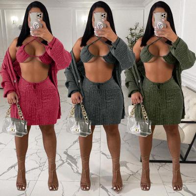 China Breathable 3 Piece Women Skirt Dress Sets Winter Autumn Knit Sweater Cardigan And Mini Skirt Three Piece Set Women Clothing With Bra for sale