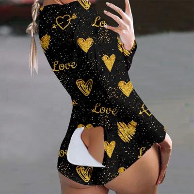 China New Design Adult Onesie Pajamas Romper Sleepwear Breathable Heart Printed Onesie Pijama Woman Sleepwear Sexy Ladies With Butt Fin for sale