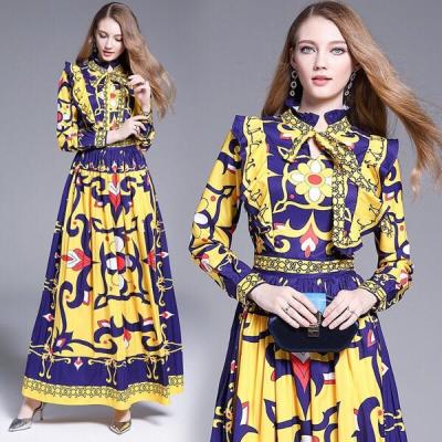 China new style Anti-wrinkle ruffle bracket collar ribbon printing long large pleated dress newcomer woman clothes for sale