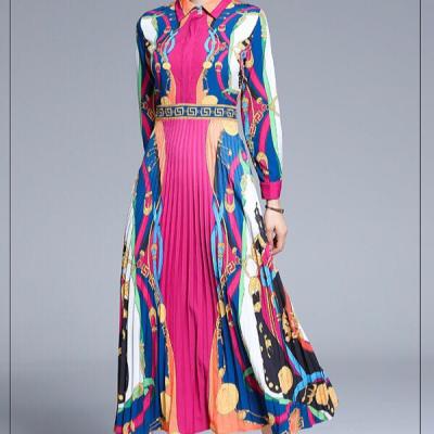 China New Fashion Anti-wrinkle Long Sleeve Spring Autumn Printed Chain Pleated Woman Dress Ready To Ship for sale