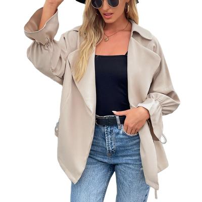 China Anti-Wrinkle Puff Sleeve Solid Color Woman Long Blazer With Tie Waist Cover Button for sale