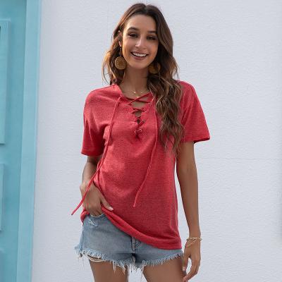 China Anti-Wrinkle Women's V-Neck Tie Short Sleeve T-Shirt for sale