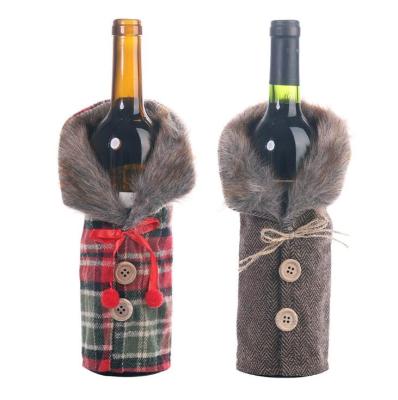 China Chirstmas Decor Red Christmas Wine Bottle Cover Fabric Plaid Plush Wine Bottle Bag For Christmas Ornaments Wine Cabinet New Year Christmas Home Decor for sale