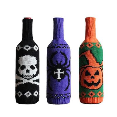 China Halloween Skeleton Knitted Pumpkin Champagne Bottle Bag For Dining - Chirstmas Decor Wine Bottle Cover Decor New Table Halloween Home Ornaments for sale