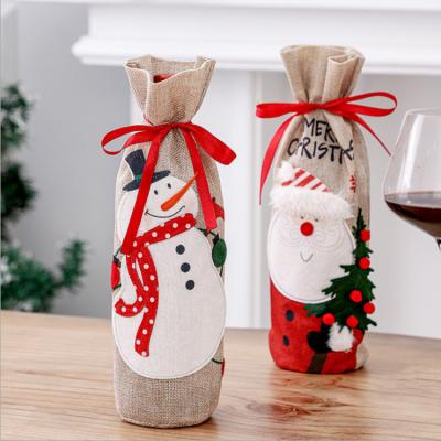 China Chirstmas Decor Amazon New Design Embroidery Red Wine Gift Bag Champagne Christmas Canvas Ornaments Cover With Decoration Bag for sale