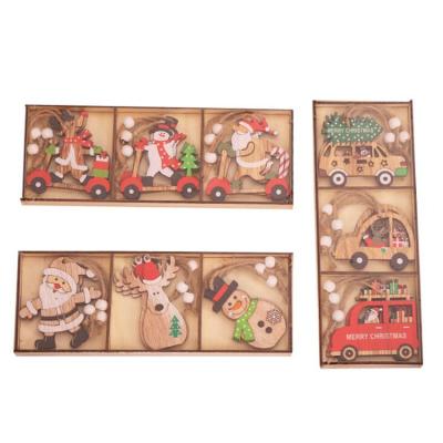 China Christmast Ornament New Product Wooden Hanging Pendant 9 Pieces / Set Baubles Mini Cartoon Santa Claus Car Cartoon Christmas Decorations Christmas Pendant for sale