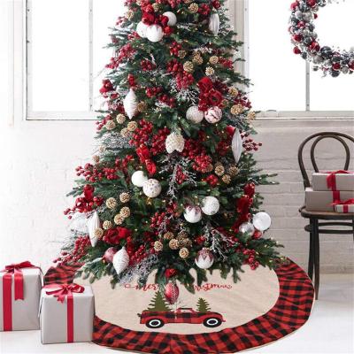 China Chirstmas Decor New Arrival Tractor Pattern Embroidery Christmas Tree Plaid Lower Decorative Red Skirt For Xmas Decoration Supplies for sale