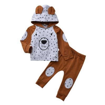 China Little Baby Boys Anti-Static Printed Brown Bear Hoodie Sweatshirt Long Sleeve Top Two Piece Set For Fall for sale