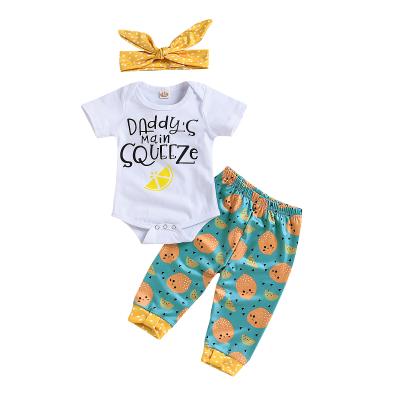 China Breathable Cute Baby Toddler Baby Clothing Set Letter Printing 3 Piece Romper With Lemon Pants Headband Set for sale