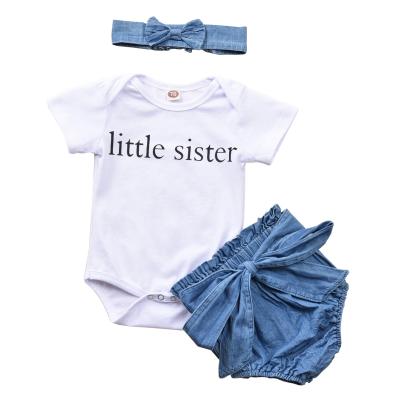 China Casual Toddler Little Sister's Little Sister Bow Tie Denim Shorts Three-Piece Suit Baby Romper Set With Headband for sale