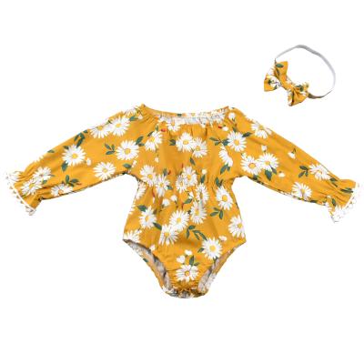 China Lovely Baby Bow Bow Little Flower Waistband Long Sleeve Vintage Yellow Floral Girl Rompers With Headband for sale