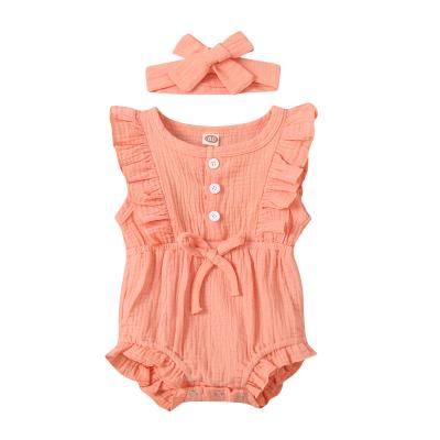 China 2021 Summer Baby Romper+Headband 100% Cotton Canvas Ruffles Sleeveless Infant Rompers Newborn Clothes ropa de bebe for sale