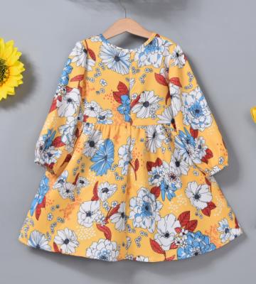 China Breathable Toddler Babies Ruffle Long Sleeve Flower Printed Cotton Quilted Round Neck Dress for sale