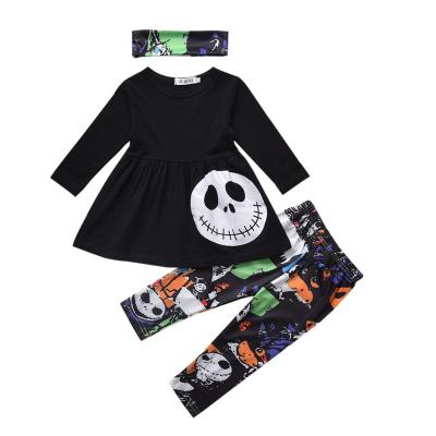 China New 2021 Amazon Fall Girls Holiday Costume Skull Print Tops And Pants Sweet With Headband Halloween 3 Piece Set Kids Costume for sale