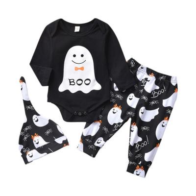 China Amazon Hot Sale Baby Halloween Outfit Toddler Anti-Shrink Romper Set Ghost Print Long Sleeve Pants Girls Romper Set for sale