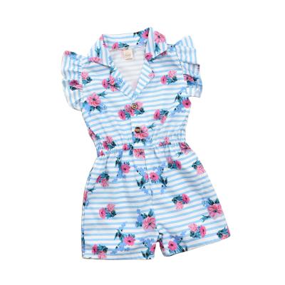 China Staple cotton baby summer clothes for young girls, flower-striped jumpsuit with ruffled turn-up and sleeves for sale