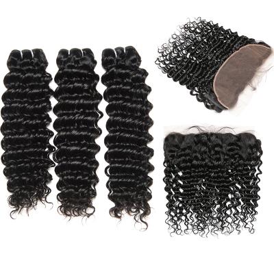 China Deep Wave Curly Hair Bundles With Lace Closure Grade 10a Frontal Hair Peruvian Virgin Hair Bundles for sale