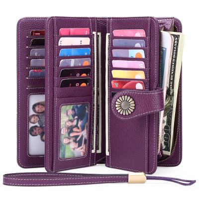 China RFID Blocking Long Women Wallet Women Large Capacity Genuine Leather Handmade Pouch For Coin Lady Purse With RFID Blocking for sale