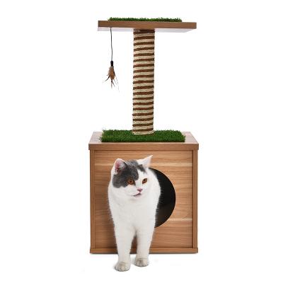 China Small Wood Cat Tree Condo House Cat Feather Scratcher Artificial Turf Funny Scratch Sisal Viable for sale