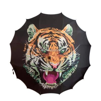 China 23 inch traditional 16 ribs automatic opening one oice canopy tiger umbrella with fiberglass frame 3D design customer design for sale