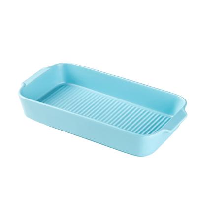 China Sustainable Custom Blue Ceramic Non-Stick Large Lasagna Casserole Rectangular Bread Bakeware Bake Ware Pan Baking Tray for sale