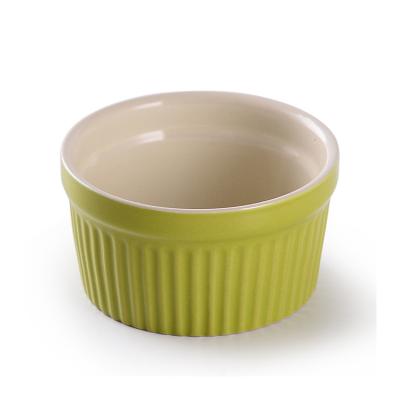 China Sustainable multi-color bakeware customized small ceramic souffle dishes ceramic bowl porcelain ramekins for baking for sale