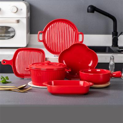 China Dishwasher Sustainable Safe Nordic Red Colorful Porcelain Dish Dishes Kitchen Cookware Bake Tray Pan Sets Ceramic Baking Set Bakeware for sale